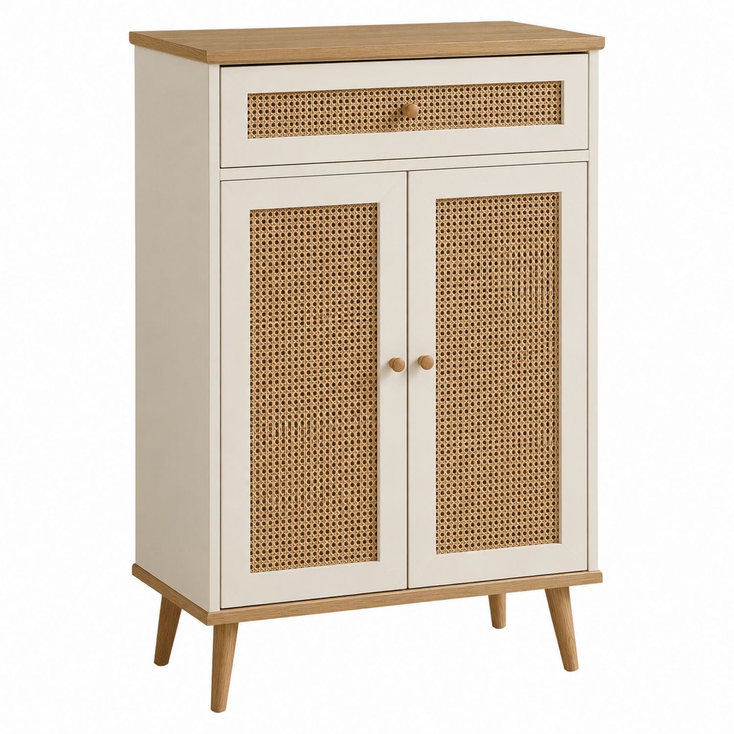 Wood Shoe Storage Cabinet with Rattan Doors and Drawer Beige 80cm Height
