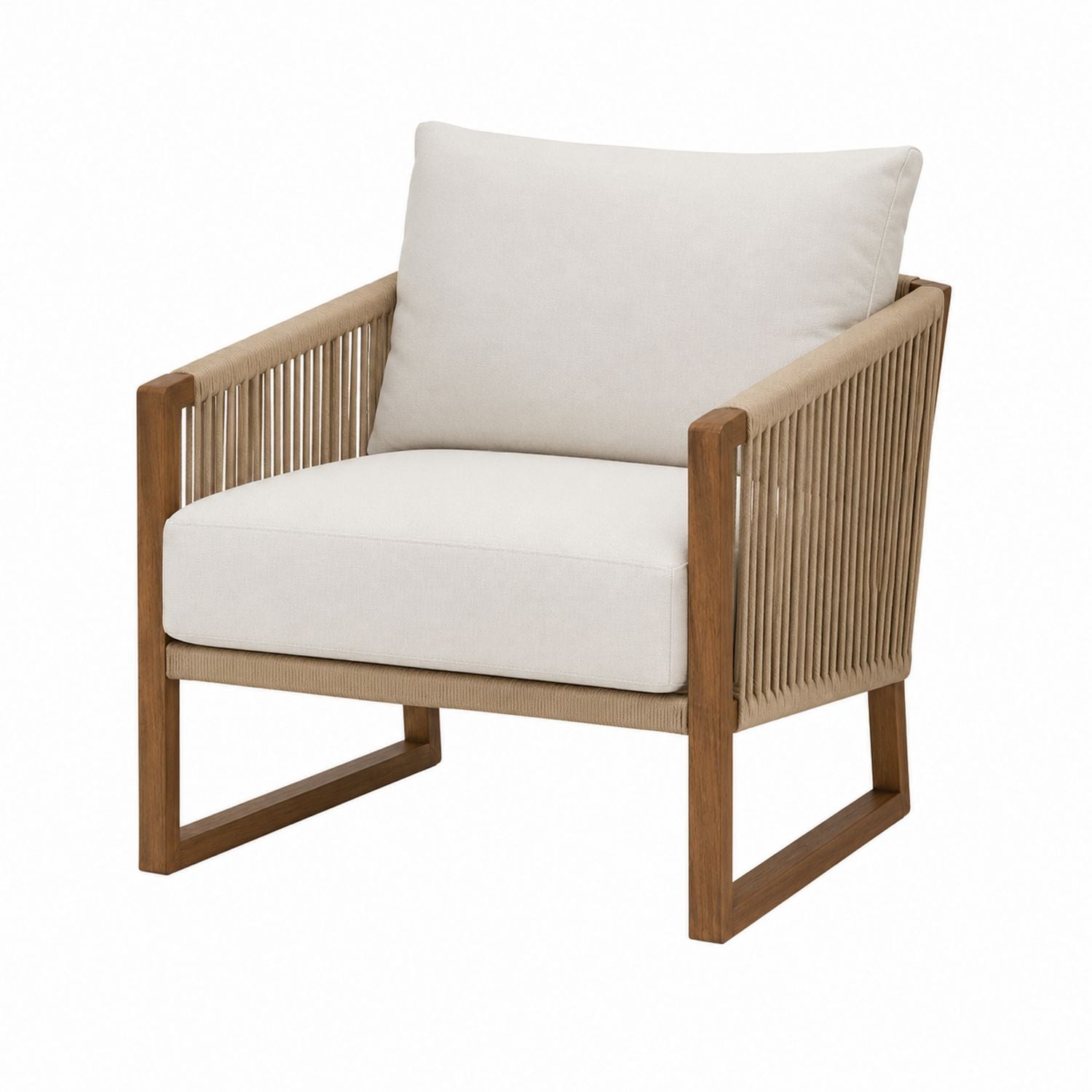 Teak Wood Frame Rope Lounge Chair with Beige Cushions