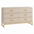 6-Drawer Beige MDF Dresser with Gold Metal Handles