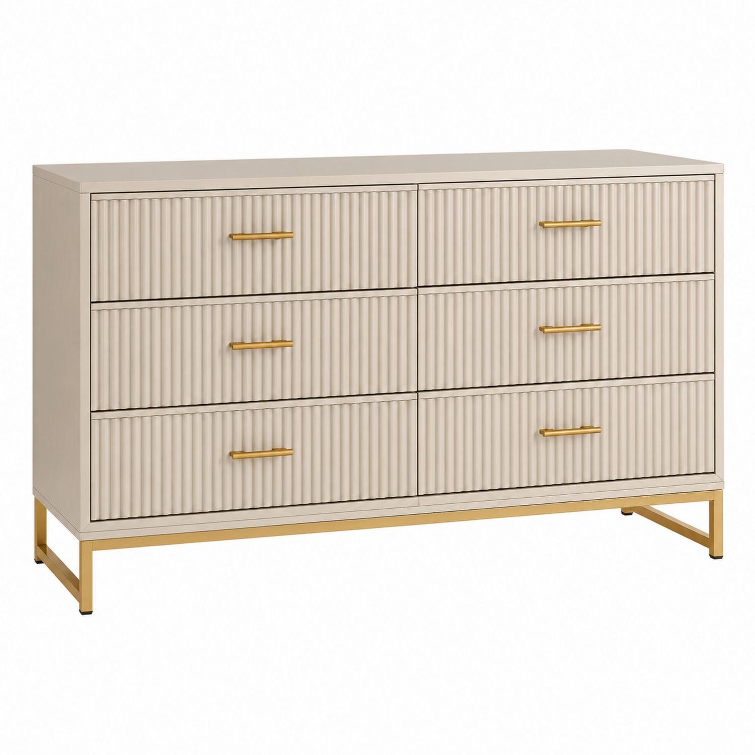 6-Drawer Beige MDF Dresser with Gold Metal Handles