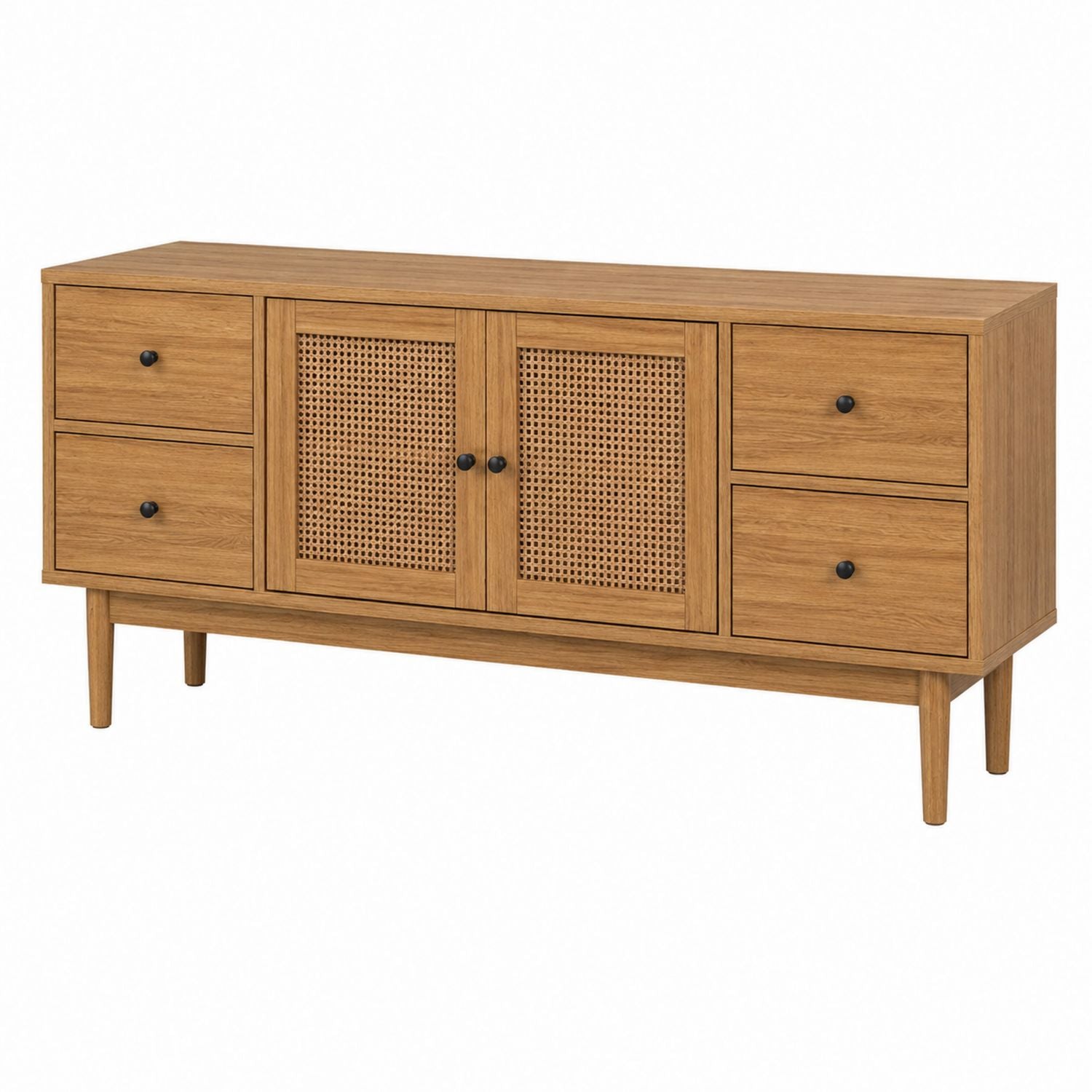 Wooden Sideboard with Rattan Doors Oak Finish 150cm