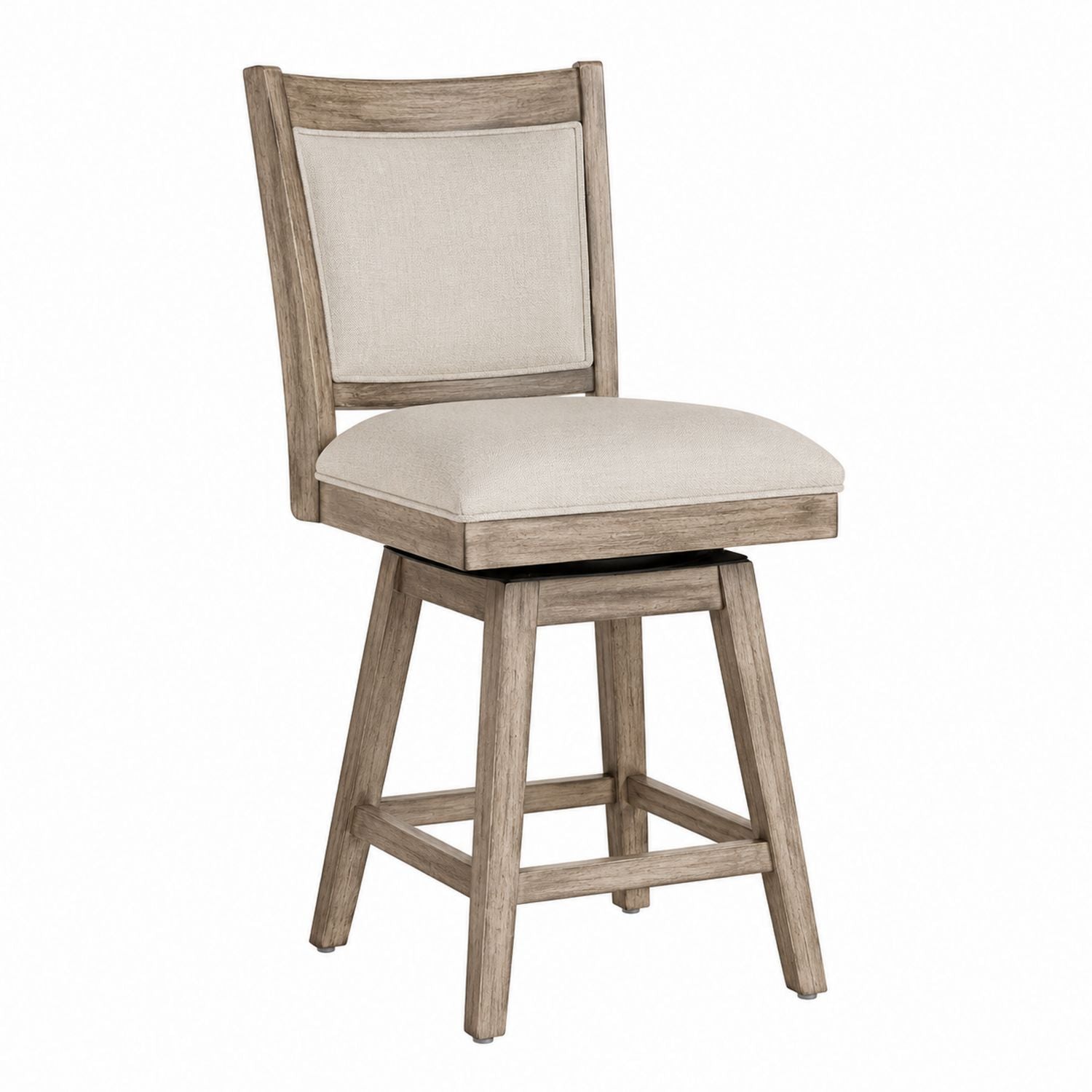 Swivel Bar Stool with Oak Wood Frame and Beige Polyester Upholstered Seat