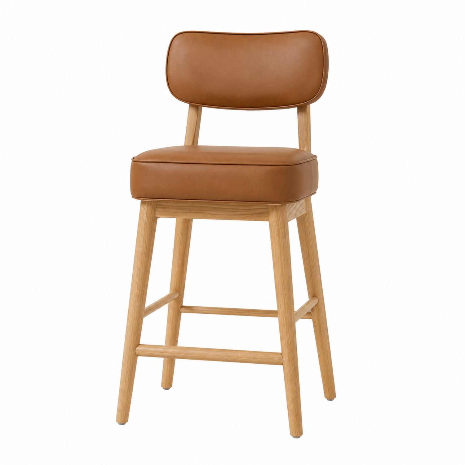 Leather Upholstered Bar Stool with Oak Frame, Light Brown, 96cm