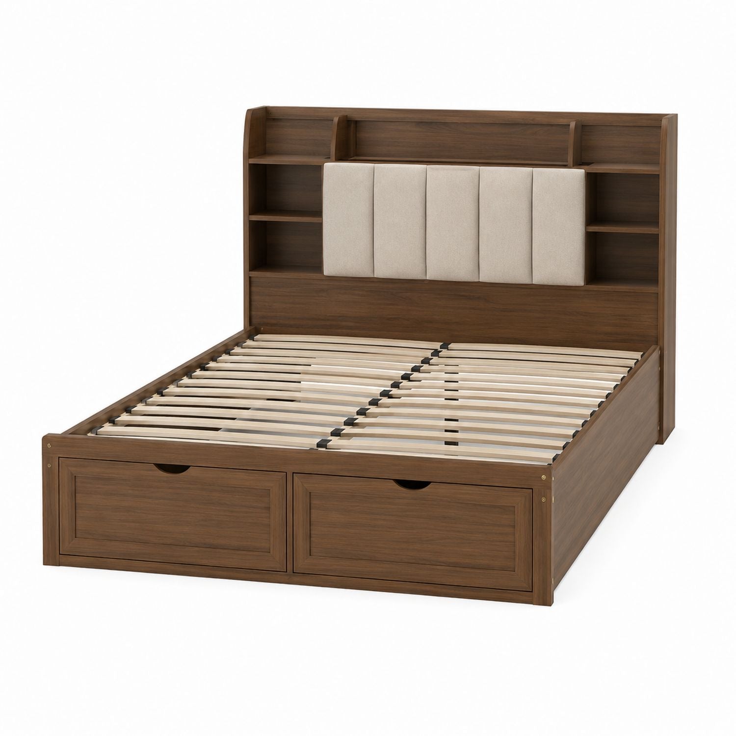 Queen Size Wood Storage Bed with Headboard Shelving in Walnut