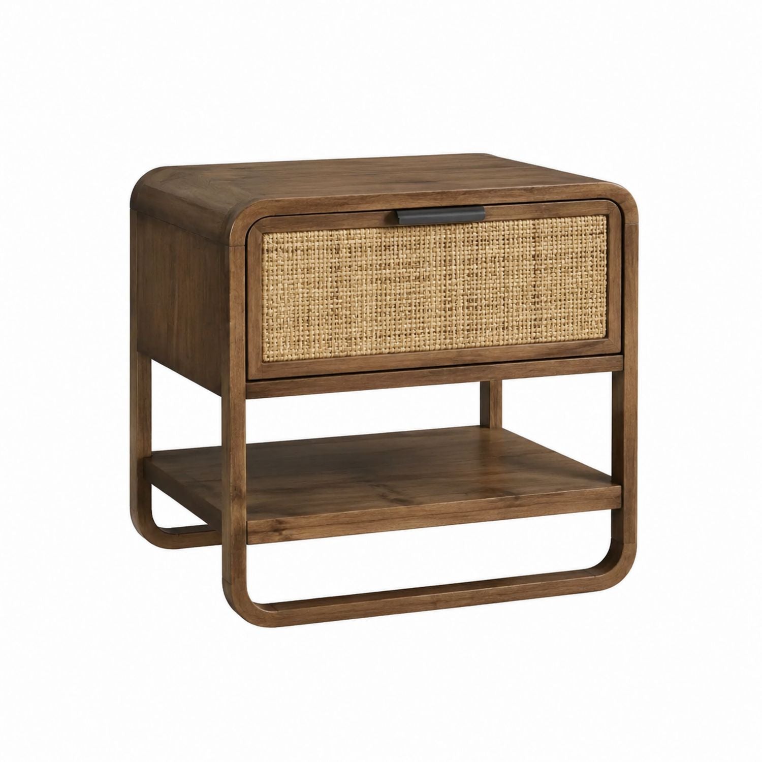 Wood and Rattan Nightstand with Drawer and Shelf