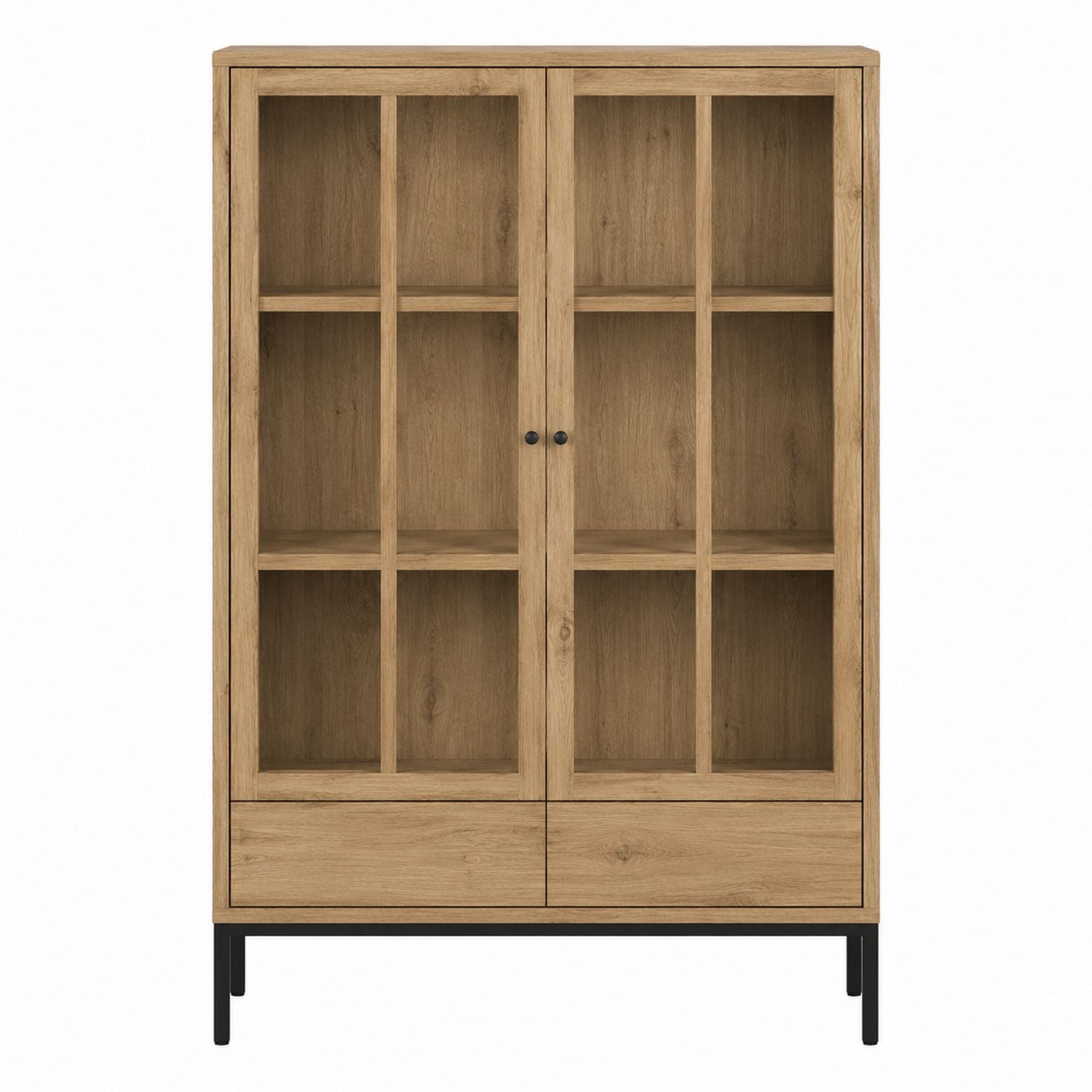 Wooden Display Cabinet with Glass Doors and Metal Legs Oak 180x90x40cm