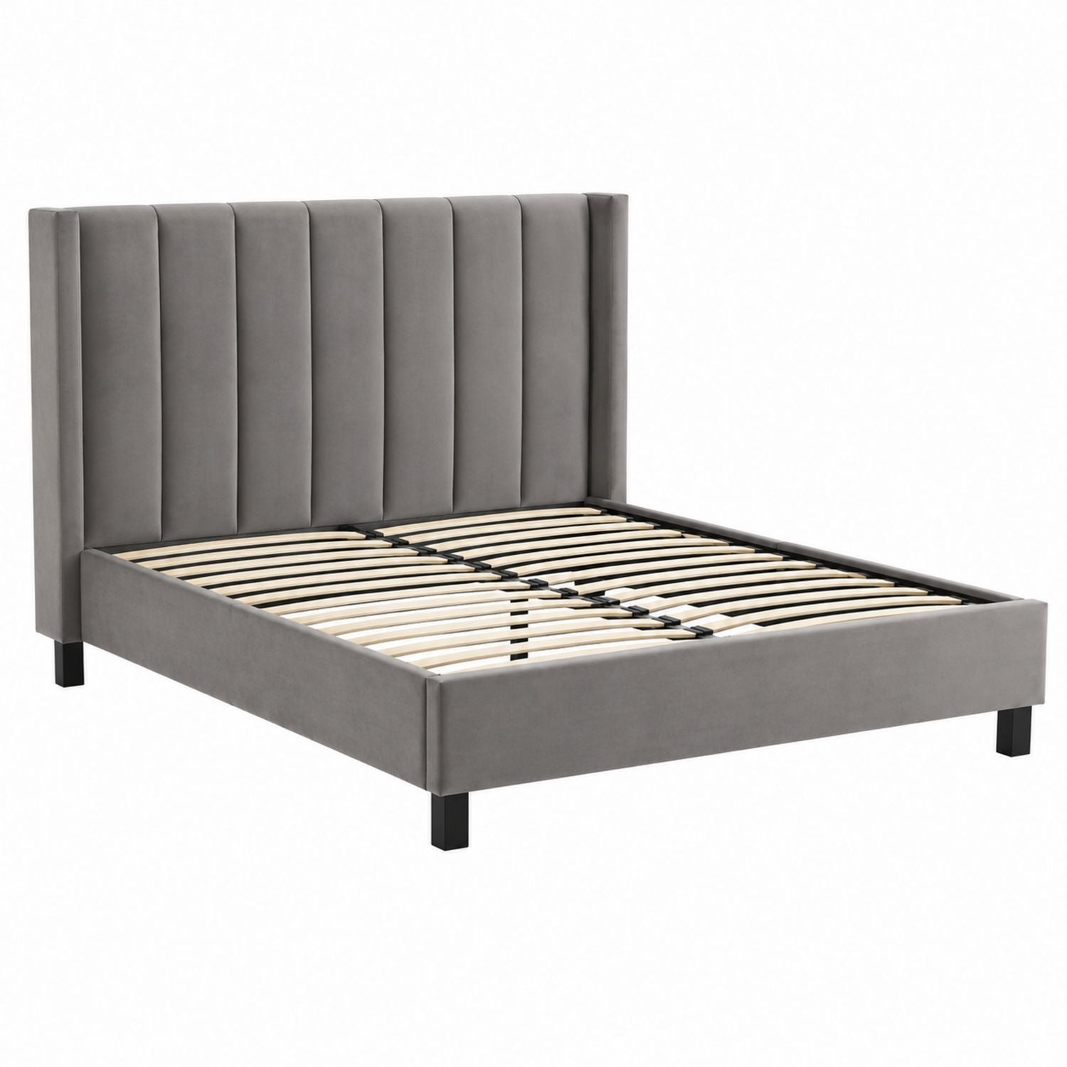 Queen Size Upholstered Bed with Velvet Headboard in Gray