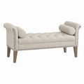 Wooden Upholstered Tufted Bench with Linen Fabric and Rolled Arms
