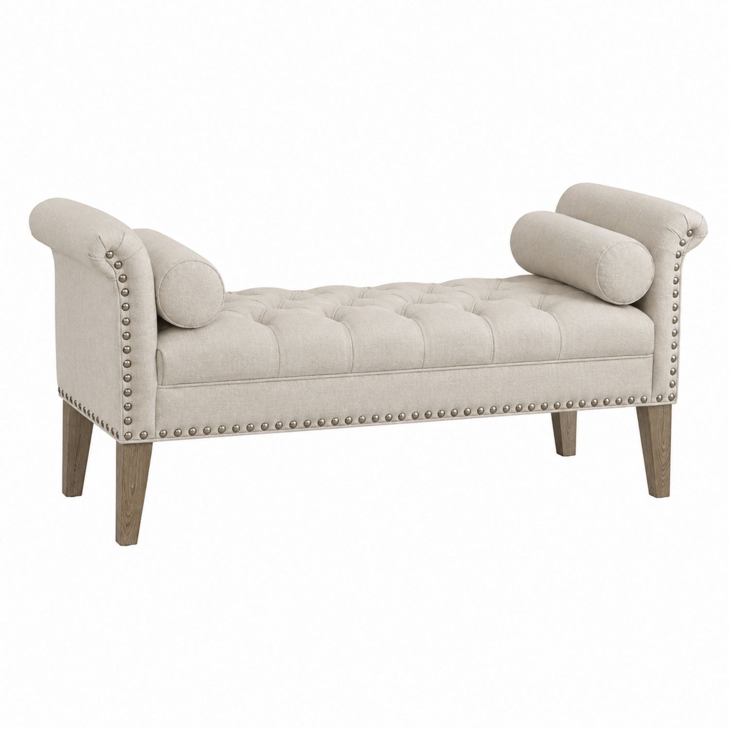 Wooden Upholstered Tufted Bench with Linen Fabric and Rolled Arms