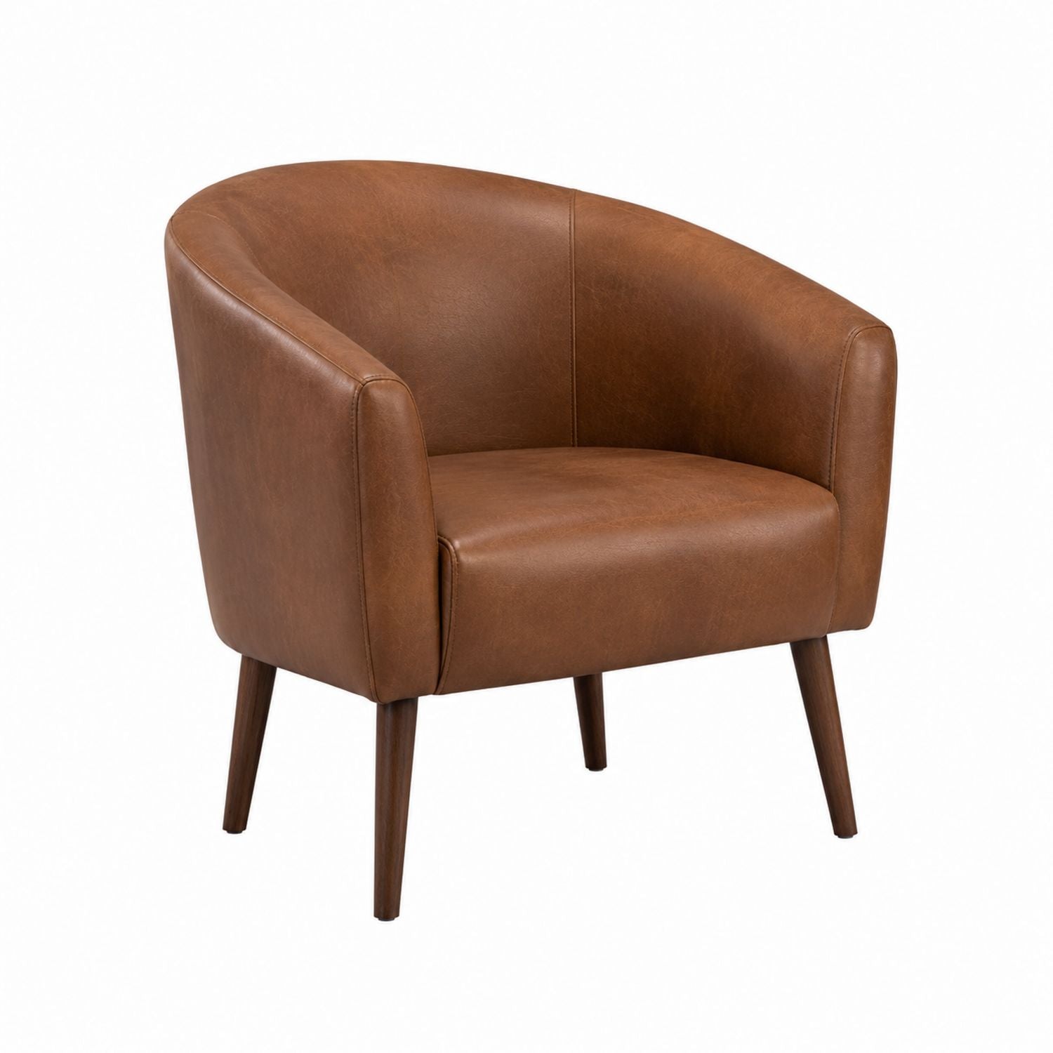 Brown Faux Leather Barrel Chair with Wood Legs