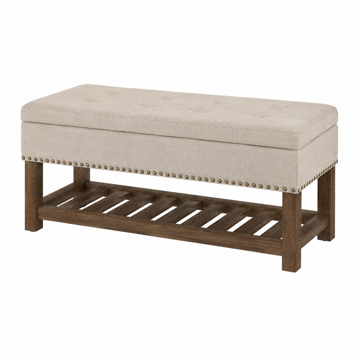 Fabric Upholstered Storage Bench with Wood Frame, Light Beige, 120x40x50 cm