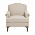 Beige Fabric Armchair with Nailhead Trim and Wooden Legs