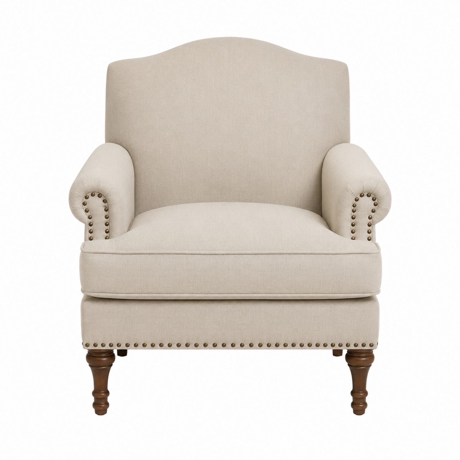 Beige Fabric Armchair with Nailhead Trim and Wooden Legs