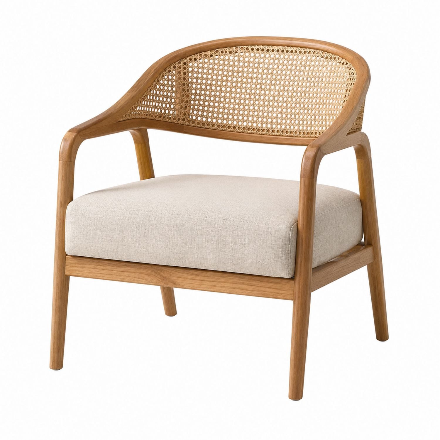 Oak Armchair with Cane Back and Beige Cushion