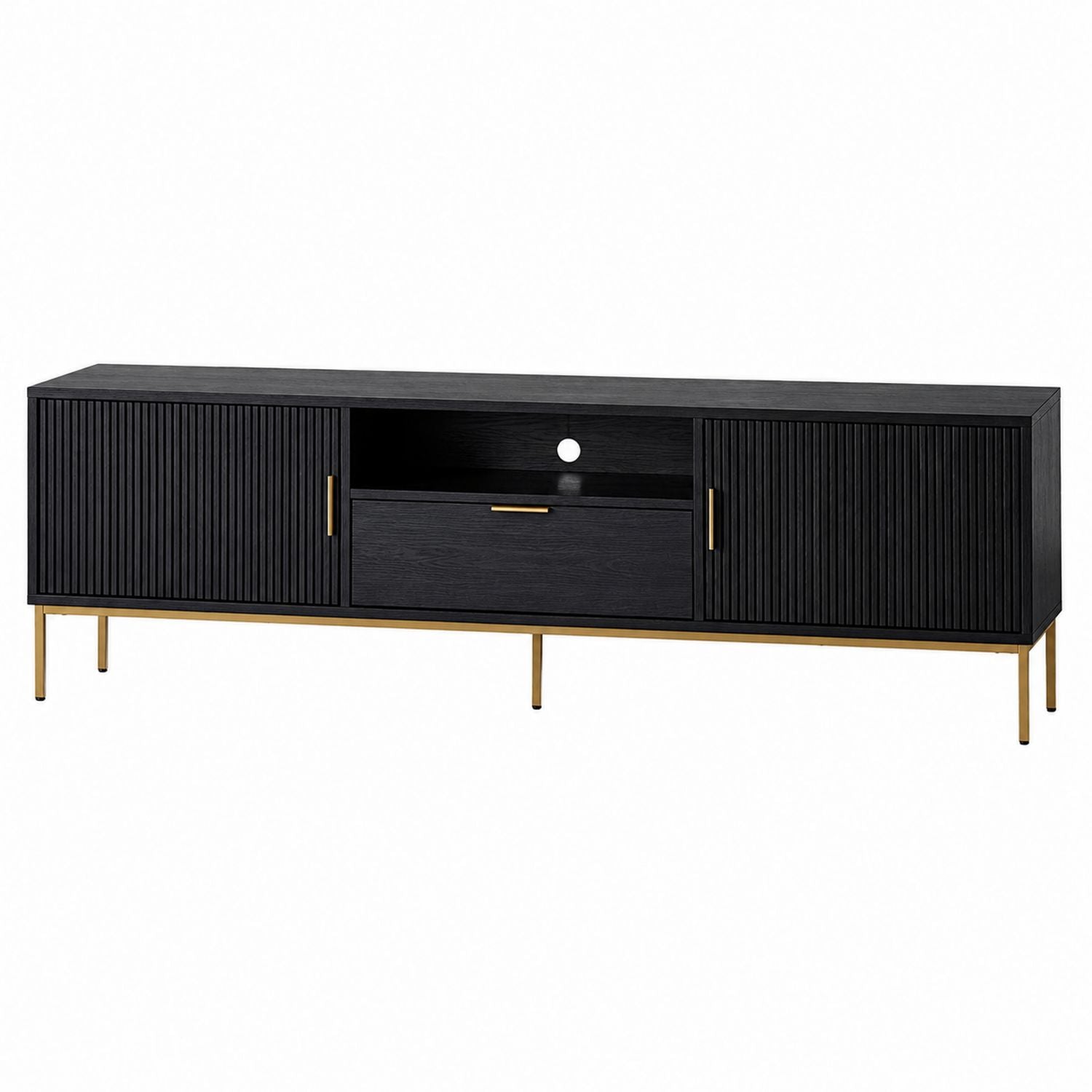Black Wood TV Stand with Metal Legs and Storage Cabinets 180cm