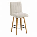 Beige Fabric Upholstered Bar Stool with Oak Wood Legs and Swivel Base