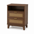 Wooden Nightstand with Rattan Drawers Brown 25x18x30 inches