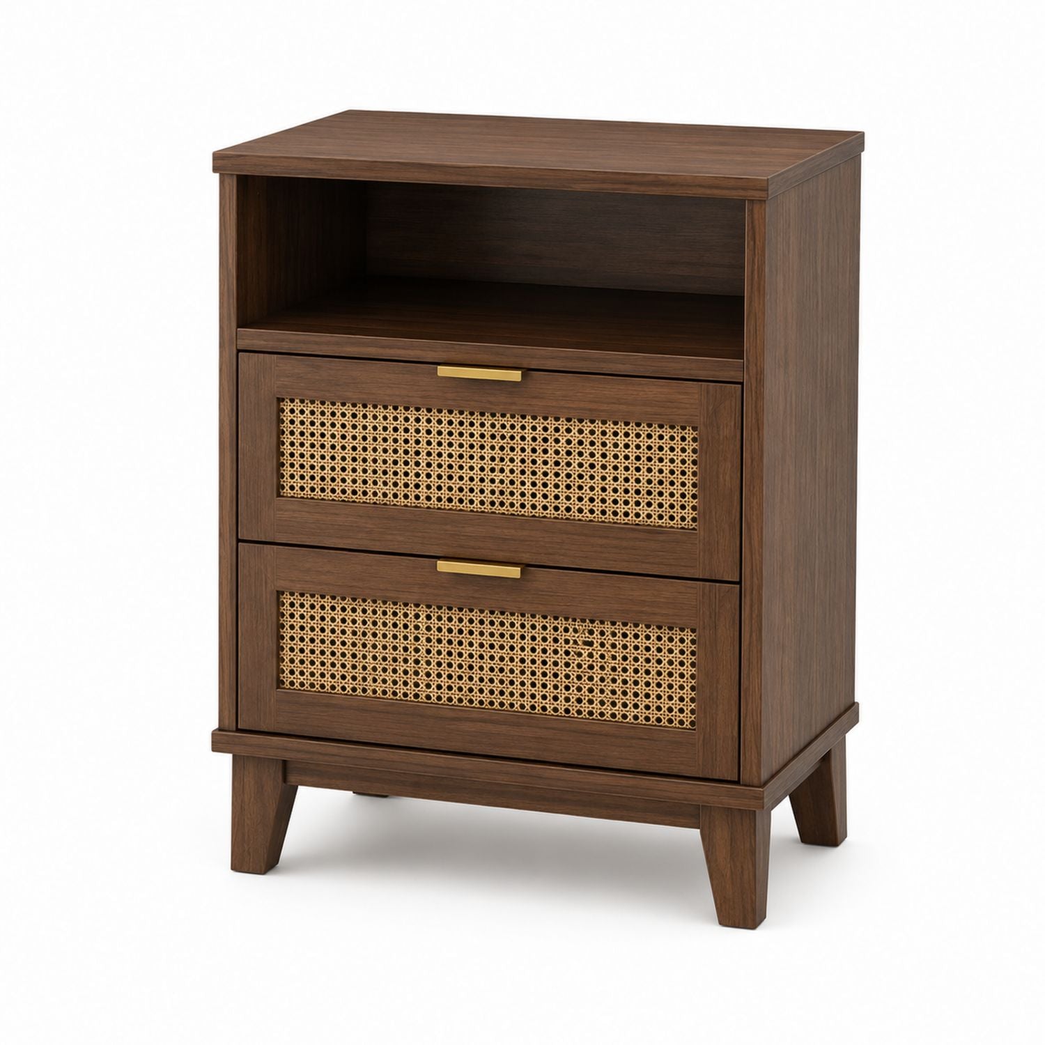 Wooden Nightstand with Rattan Drawers Brown 25x18x30 inches