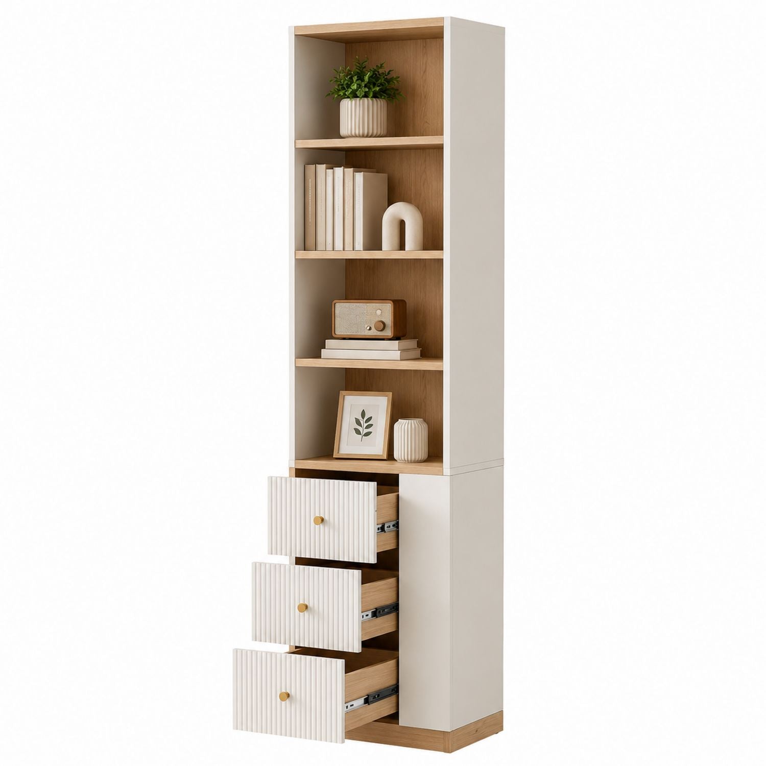 MDF Storage Cabinet with Open Shelves and Drawers White/Oak 180cm Height