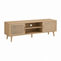 Wooden TV Stand with Slatted Sliding Doors and Open Shelves 150cm Light Oak