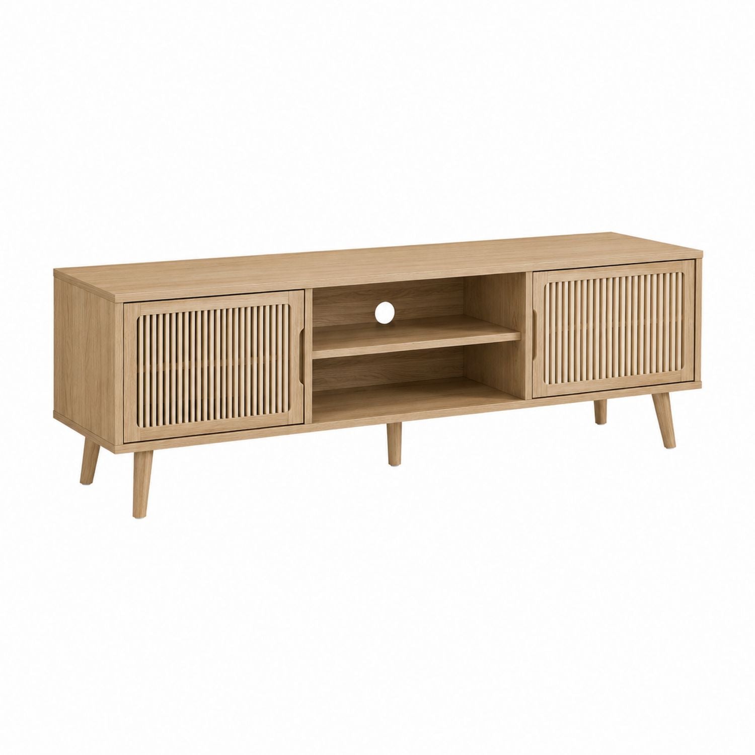 Wooden TV Stand with Slatted Sliding Doors and Open Shelves 150cm Light Oak