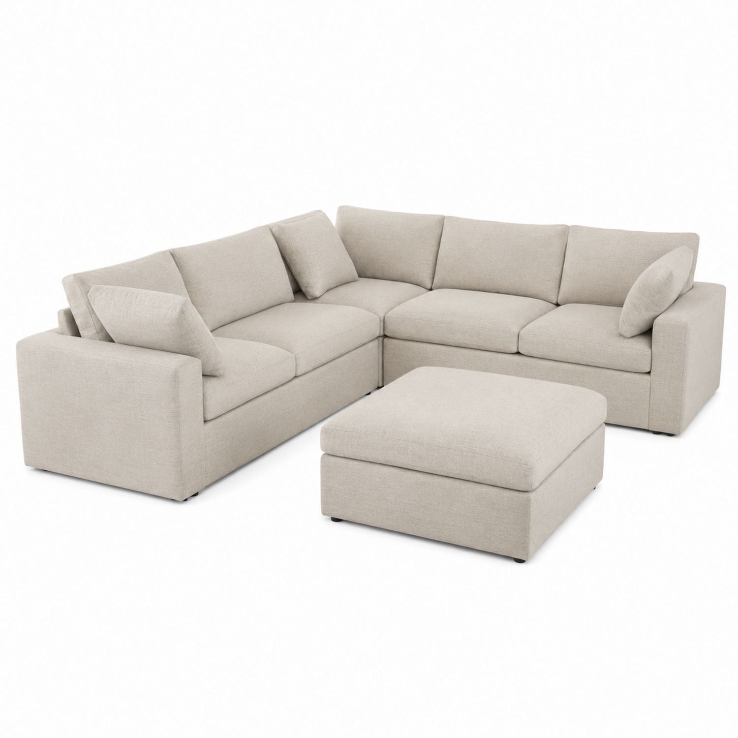 Beige Fabric L-Shaped Sectional Sofa with Ottoman
