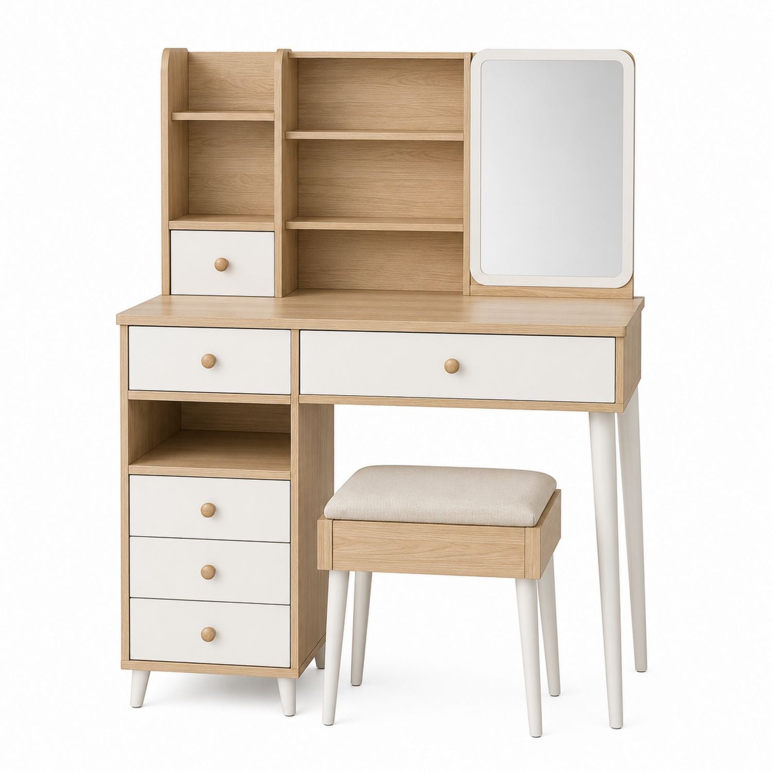 Wood Vanity Desk with Mirror and Stool Set Oak/White