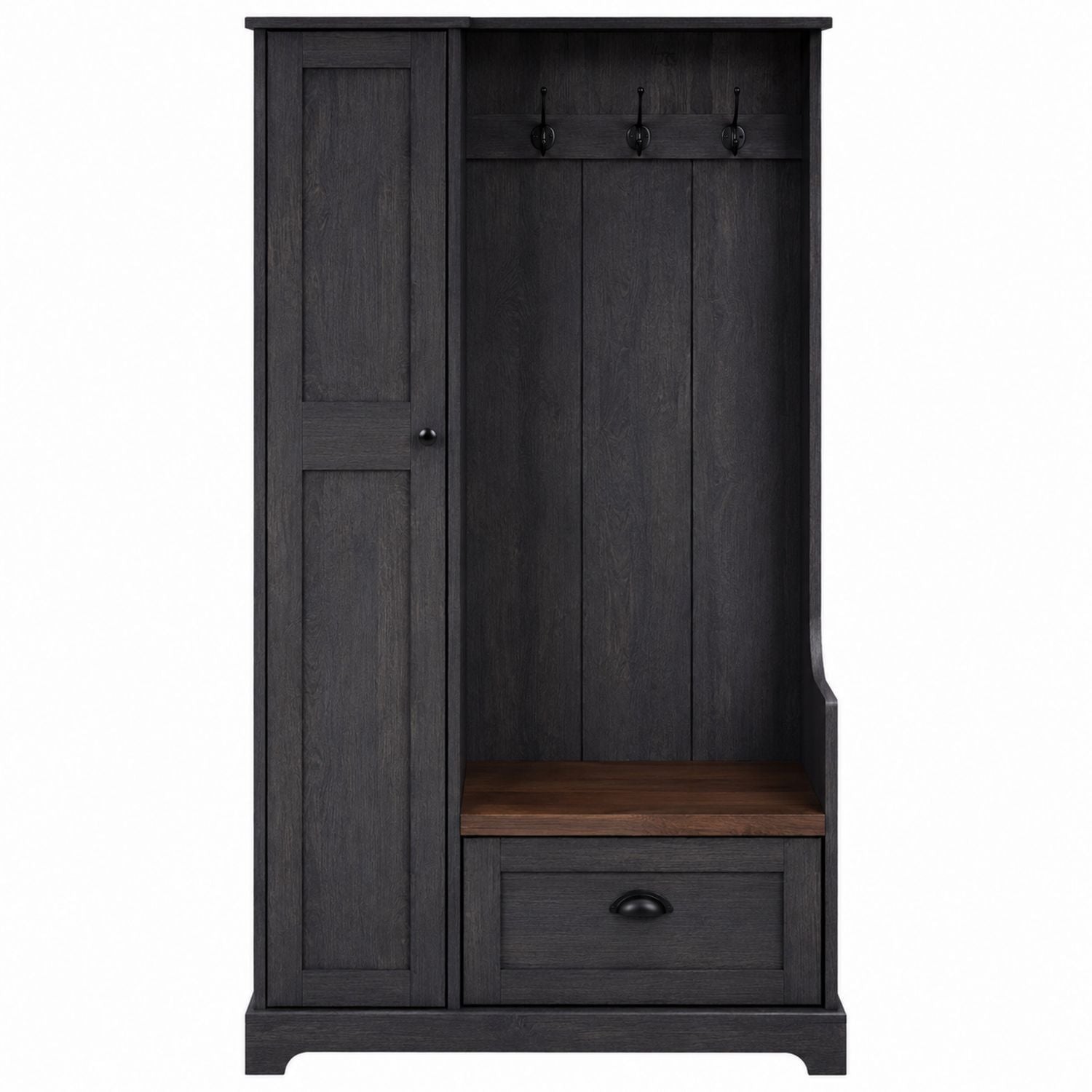 Dark Wood Entryway Hall Tree with Cabinet and Hooks
