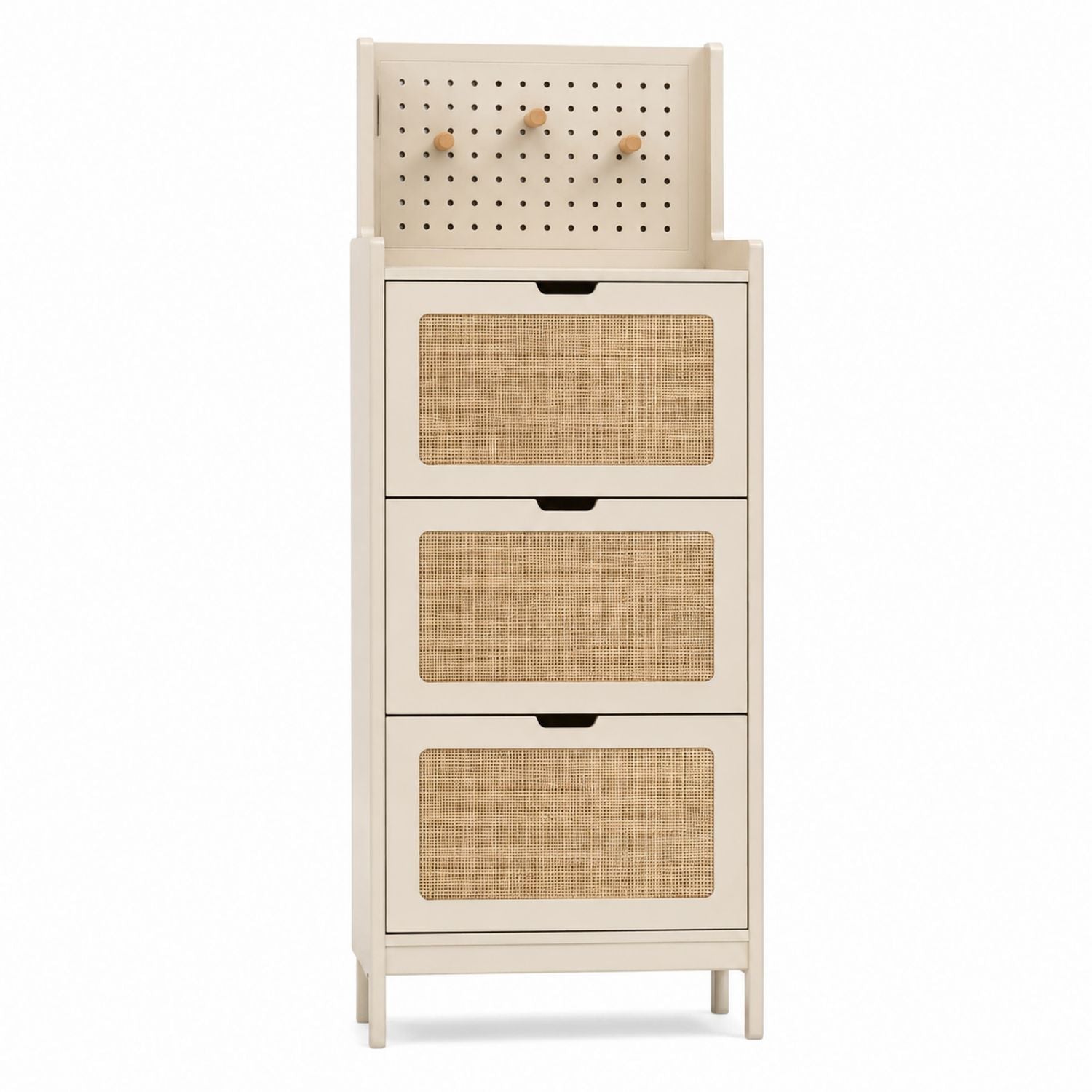 Wood Shoe Storage Cabinet with Pegboard and Rattan Drawers Beige 23.6x11.8x47.2 inches