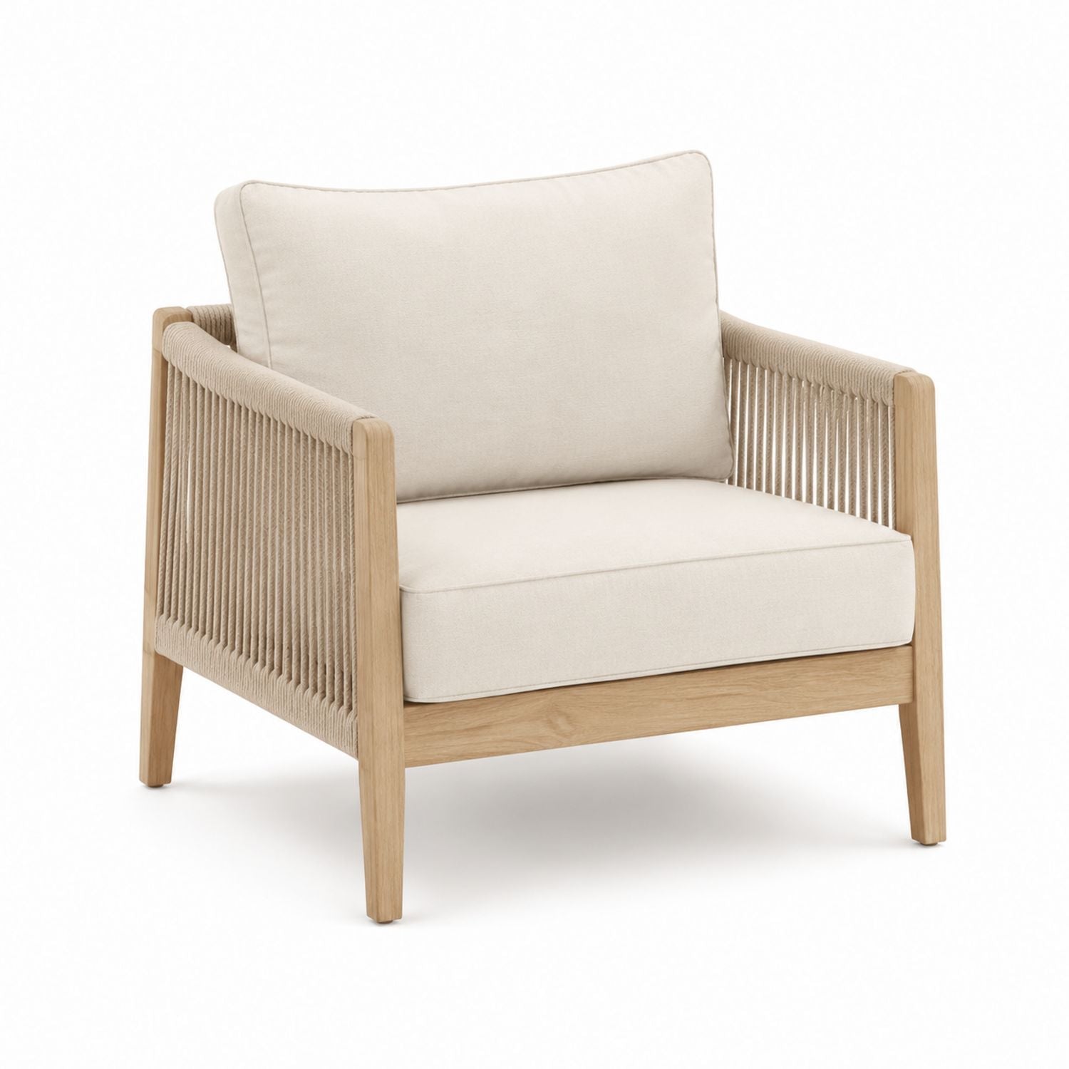Teak Wood Outdoor Lounge Chair with Beige Woven Rope and Cushion