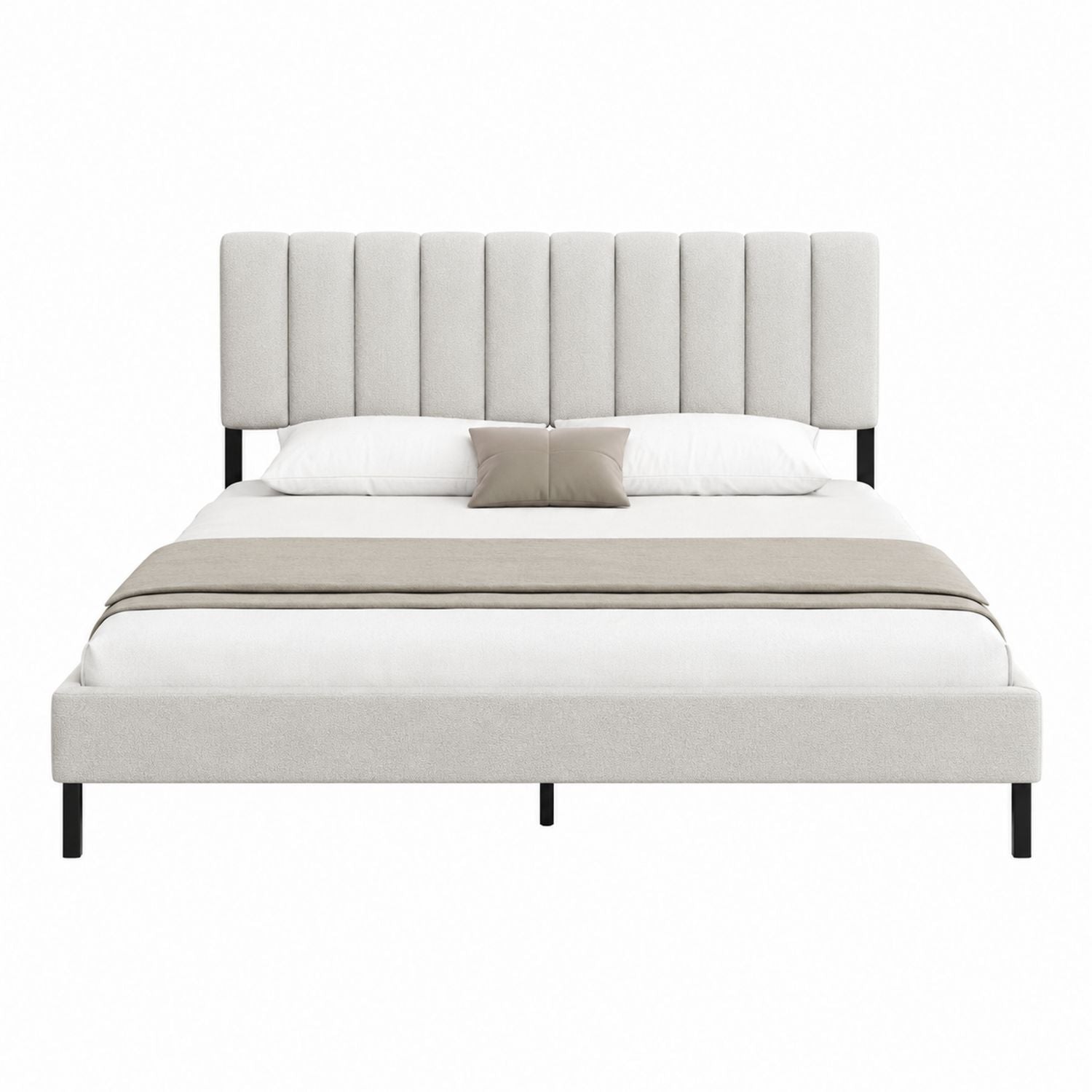 Linen King Size Bed with Metal Legs in Cream