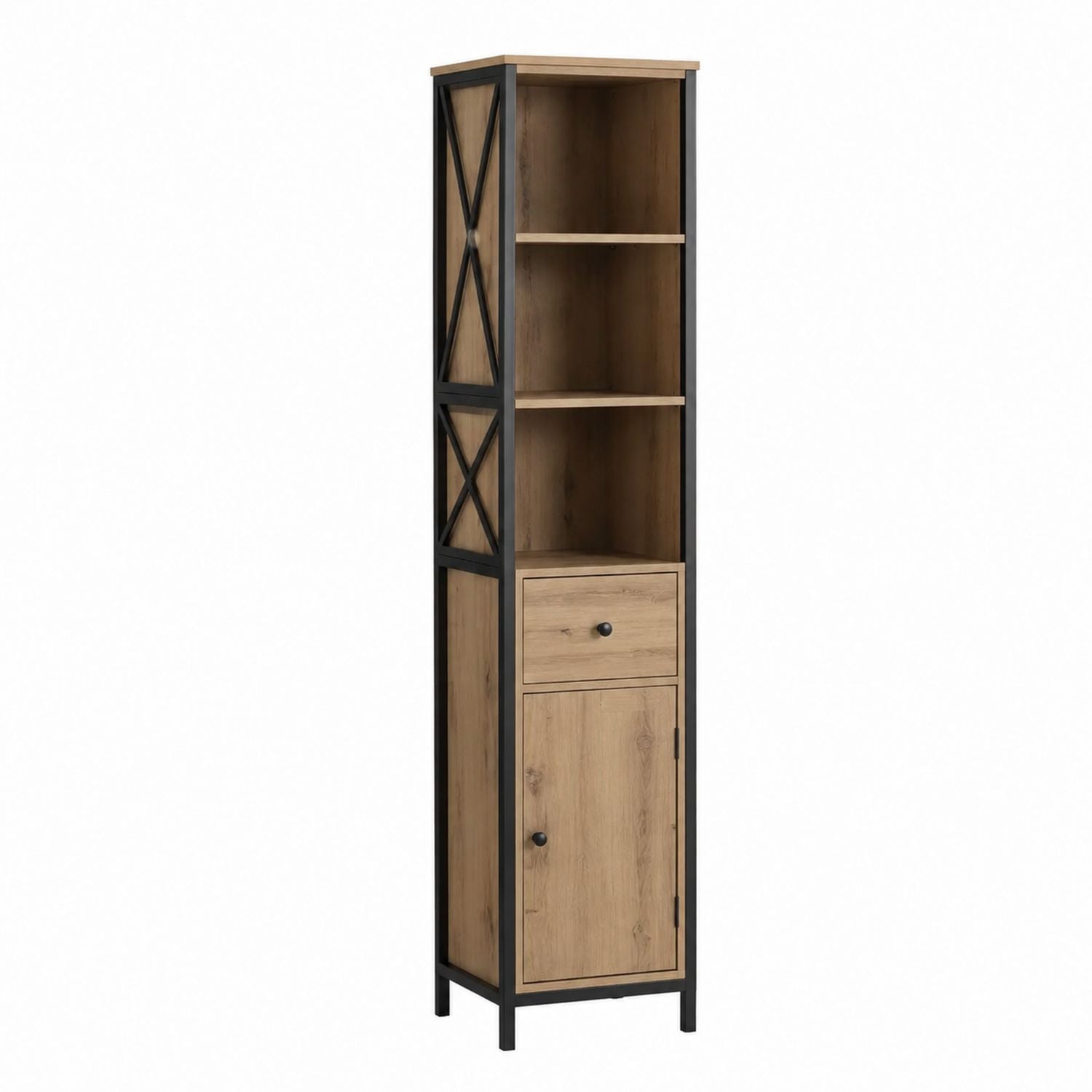 Tall Wood and Metal Storage Cabinet with Drawer and Door 180cm